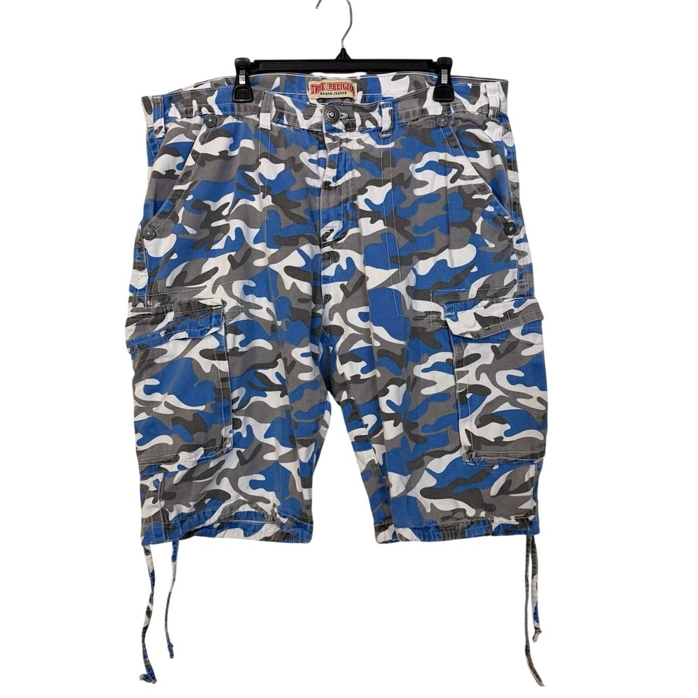 Vintage 2000s True Religion Blue Camo Cargo Shorts Sz 44 Distressed Made In USA